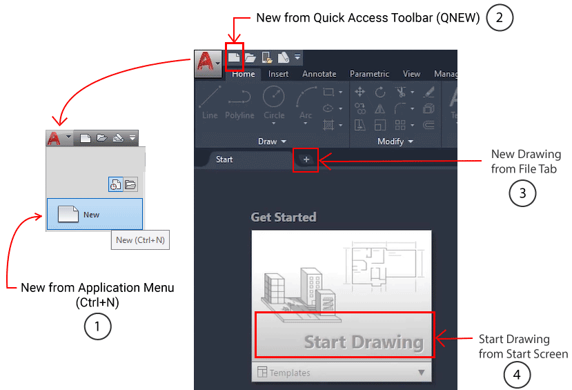 Several ways to start a new drawing in AutoCAD