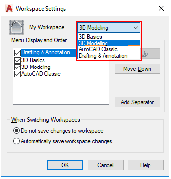 workspace setting dialog box